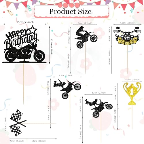 13-Piece Motorcycle Birthday Cake Toppers Set - Glitter Motocross Decorations