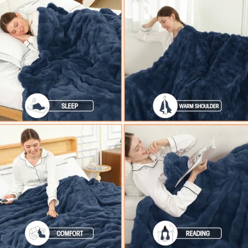Navy Blue Flannel & Faux Fur Heated Blanket Full Size Machine Washable