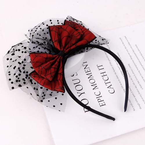 CURASA Halloween Red Bow Headband Lace Spider Web Hair Hoop