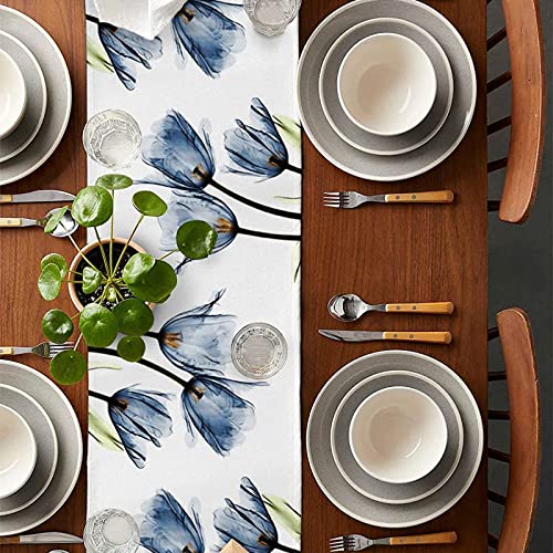Tulip Blue Floral Table Runner 13x72 Inch Linen Blend for Spring Summer Decor - Variation of THIS listing