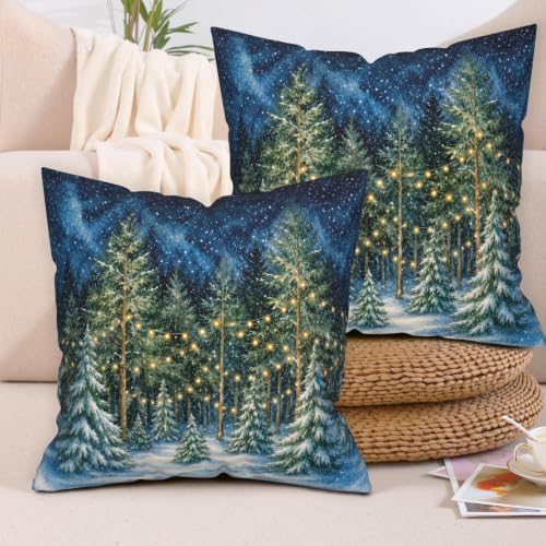 Blue Christmas Pillow Covers 18x18 Inch Set of 2 - Xmas Tree Decor
