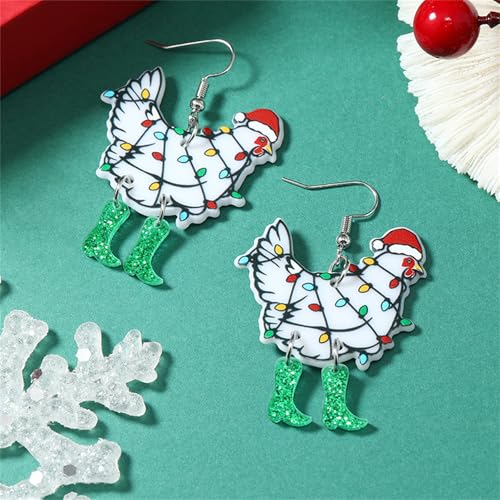 Christmas Earrings for Women - Green Christmas Chicken - Festive Santa Tree Cat Dinosaur Acrylic Holiday Jewelry