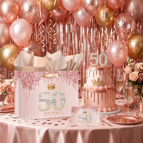 50th Birthday Gift Bag for Women Est 1976 Rose Gold with Tissue Paper
