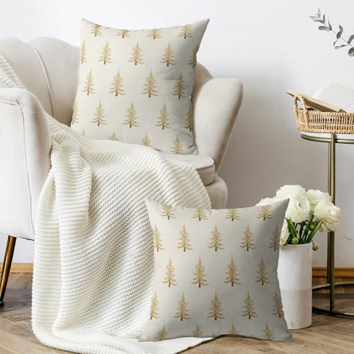 Gold Christmas Pillow Covers 18x18 (Set of 2) - Rustic Decorative Cushion Cases