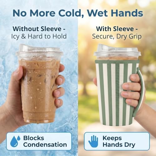 ArtSocket 3-Pack Iced Coffee Sleeves with Handle - Sage Stripes, 16oz-32oz Reusable Insulated Cup Sleeves