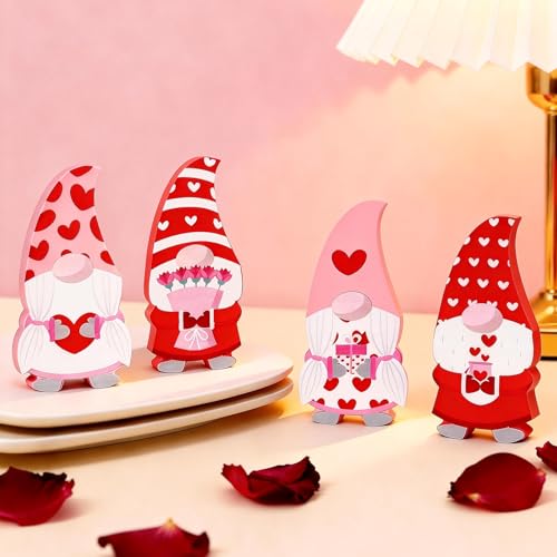 Cute Wooden Gnome Table Decoration - 4 Pcs Red & Pink Set