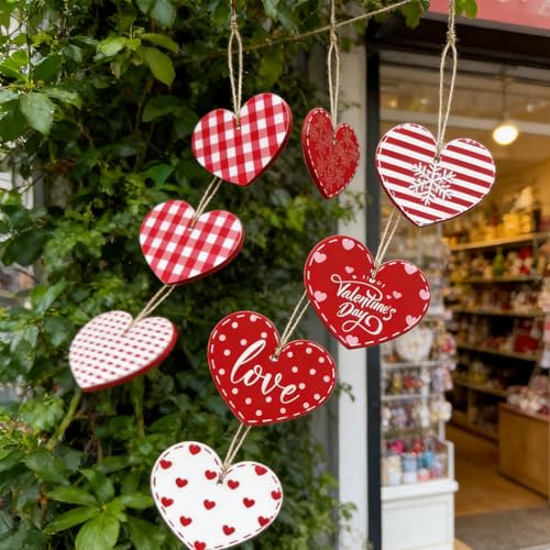 16Pcs Wooden Valentine Heart Ornaments Red White Plaid Hanging Decor