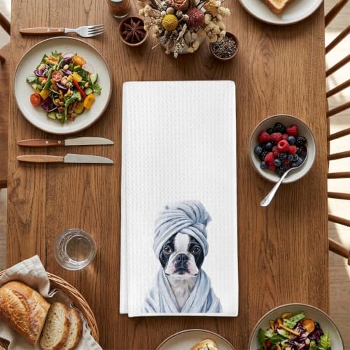 Boston Terrier Waffle Weave Bathroom Towels for Dog Lovers