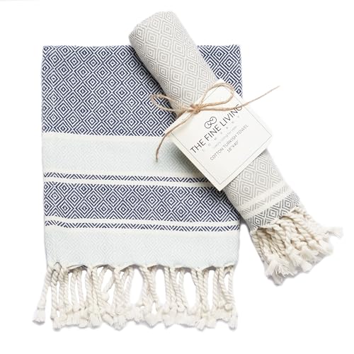Turkish Cotton Kitchen Towels - 40x18" Set of 2, Blue & Gray Decorative Set