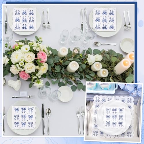 100 Pack Blue Bow Cocktail Napkins - 5" Scalloped Disposable Paper