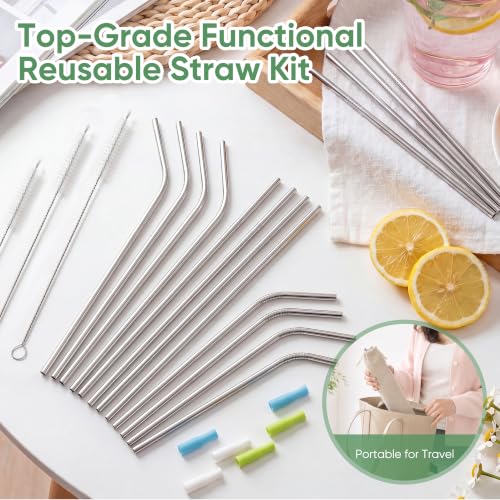 16 Pack Reusable Stainless Steel Straws with Silicone Tips & Cleaning Brushes
