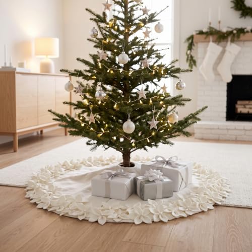 Foilswirl 36 Inch White Christmas Tree Skirt with Poinsettia Pearl Edge - Holiday Decor