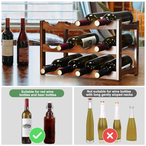 12-Bottle Wood Wine Rack - 3-Tier Free Standing Countertop Wine Storage