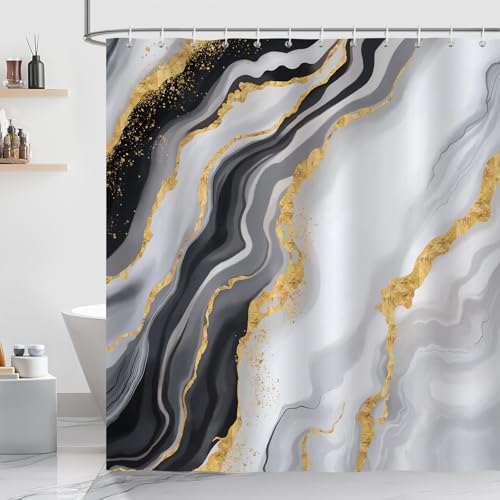 Luxury Black and Gold Marble Shower Curtain, 72x72, Waterproof