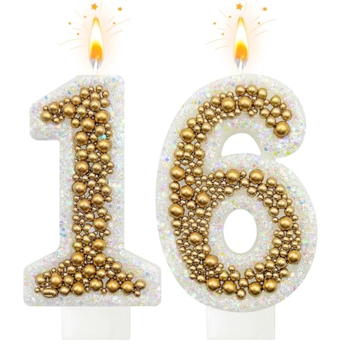 NHJINX Gold 16 Birthday Number Candle for Cake, Glitter Cake Topper