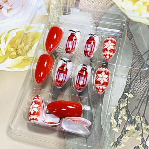 Christmas Press On Almond False Nails Glossy Acrylic Winter Fake Nails