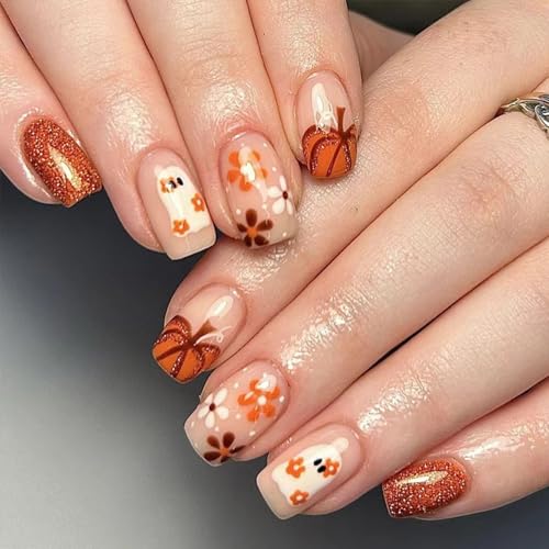 Halloween Press on Nails Medium Square Cute Ghost Pumpkin Fake Nails Kit