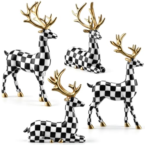 Black White Christmas Reindeer Figurines Set - Indoor Resin Deer Decor