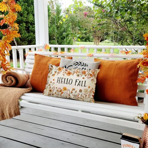 Hello Fall Lumbar Pillow Cover 12x20, Floral Pumpkin Autumn Decor