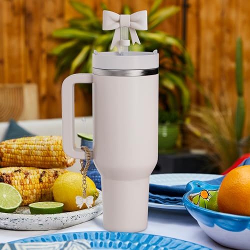 White Bow Straw Topper & Charms Set for Stanley 30 & 40 Oz Tumblers - DXITROMI