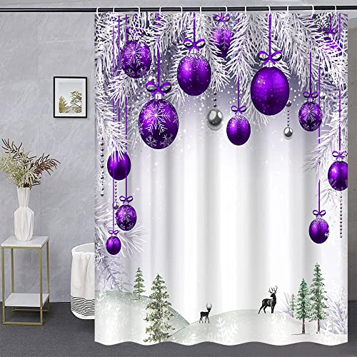 Purple Christmas Shower Curtain with Xmas Ball Pine Tree Winter Forest Decor 70x70 Inches