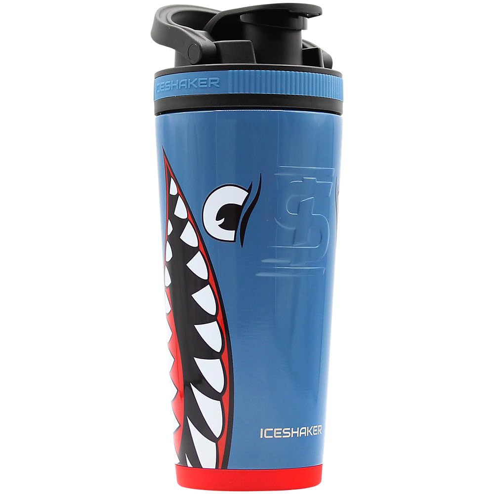 Ice Shaker Stainless Steel Shaker Bottle | 26oz, Blue Bomber | Stays Cold for 30+ Hours | Insulated Cup with Twist-on Agitator | Odor-Free Shaker Cup for Protein Shakes, Water, Smoothies, Cocktails