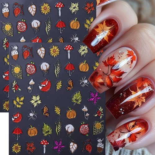 Fall Nail Art Stickers 2 Sheets Thanksgiving Pumpkin Maple Leaf Decals