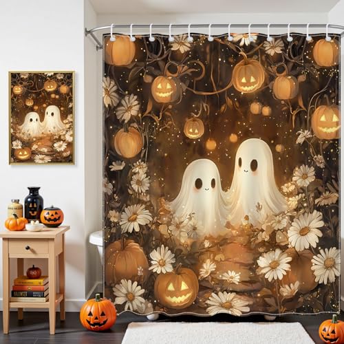 Cute Halloween Shower Curtain - Orange Pumpkin & Ghost - 72x72"
