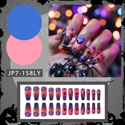 Halloween Press on Nails Medium Coffin Acrylic False Nails Pink Purple