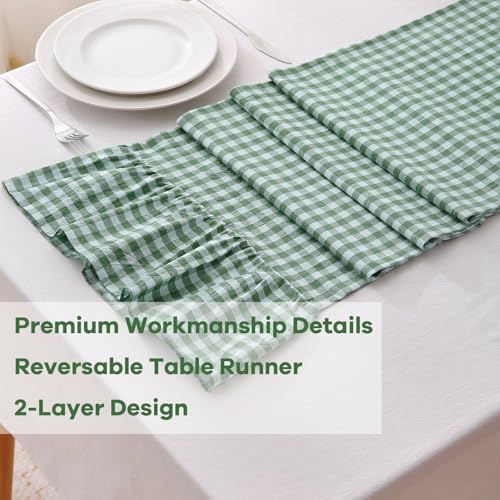 Green White Plaid Gingham Ruffle Table Runner - 13x72 Inch, Cotton
