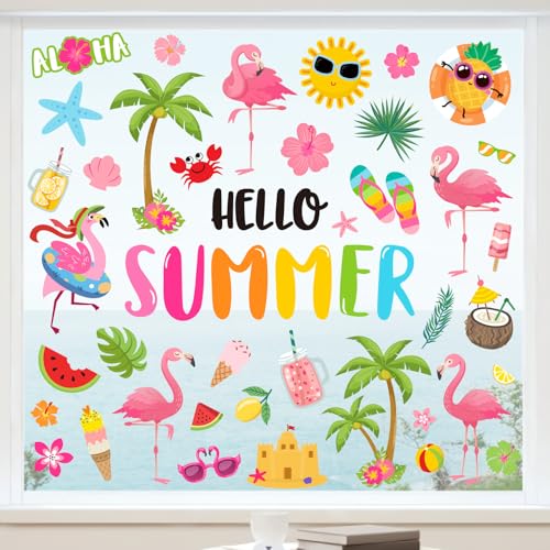 9 Sheets Hello Summer Flamingo Window Clings - Tropical Beach Decor