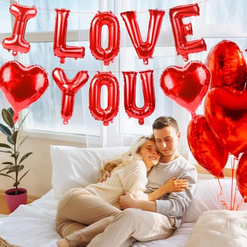 I Love You Balloons Set - 12 PCS Red Heart Foil Balloons for Valentine's Day