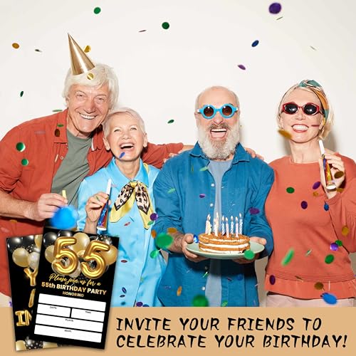 55th Birthday Invitations - Black & Gold, 20 High-Quality Cards