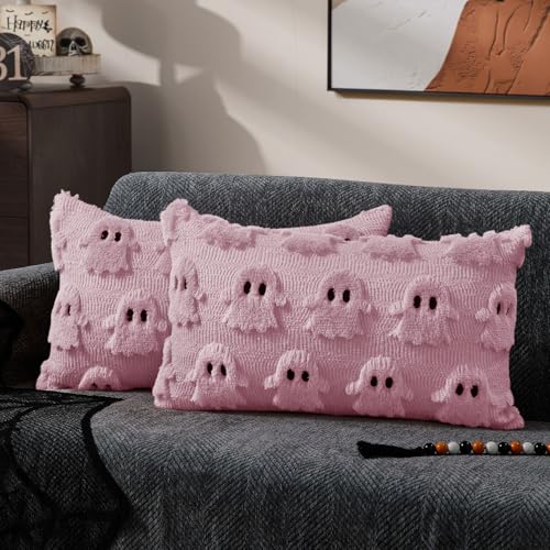 Pink Ghost Throw Pillow Covers 12x20 Inch, Set of 2 Soft Faux Fur Cases