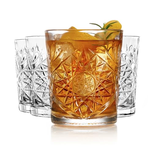 Libbey Hobstar Double Old Fashioned Glasses, Clear Cut Glass Drinking Glasses Set of 4, Durable, Vintage Whiskey Glasses for Cocktail, Drinks and More
