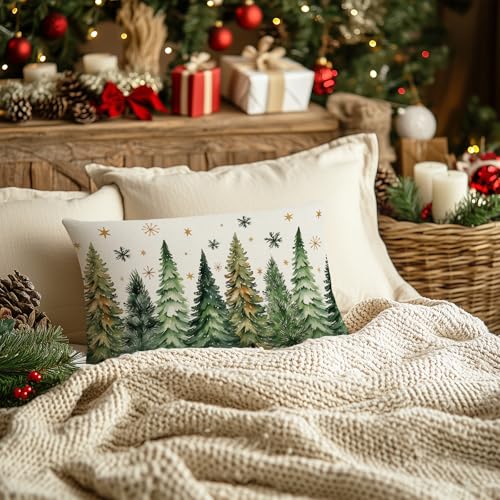 Christmas Pillow Cover 12x20 Inch - Green Trees & Stars Decor