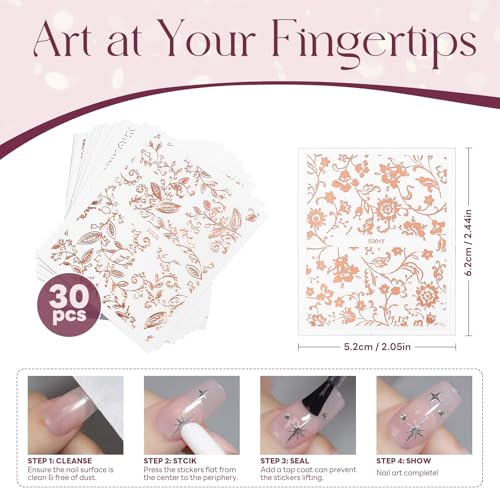 30 Sheets Rose Gold Nail Art Stickers 3D Self Adhesive Decals