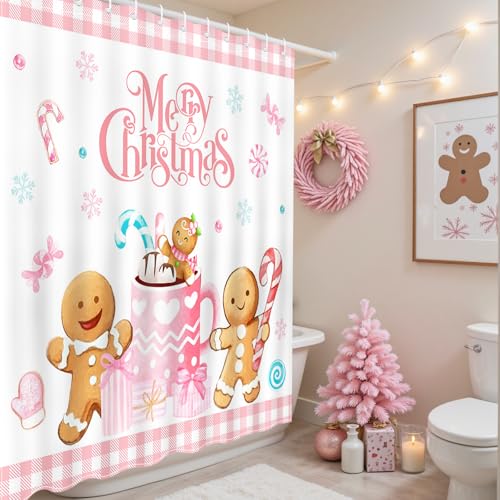 Christmas Shower Curtain Pink Checked Gingerbread Man 72x72 Inch with Hooks