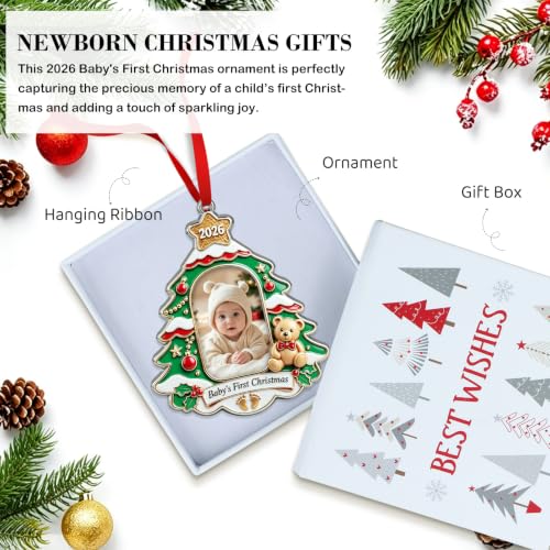 Baby's First Christmas Ornament 2026 - Christmas Tree Decoration with Photo Frame - Teddy Bear & Baubles, Holiday Keepsake