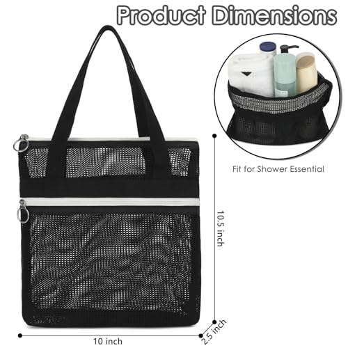 Small Black Mesh Shower Caddy with Zipper Pockets - Quick-Drying Portable Tote