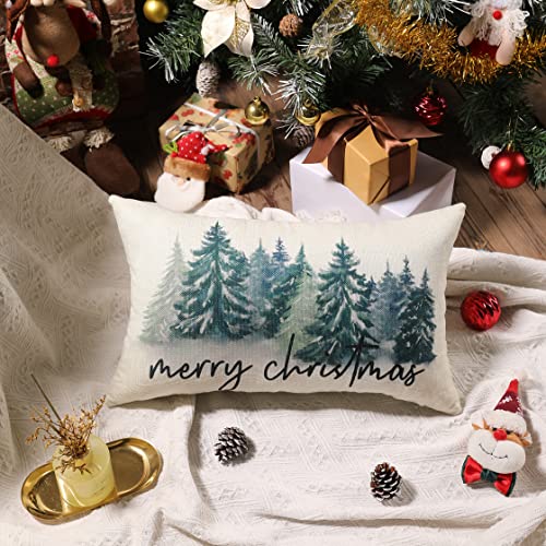 Rustic Christmas Pillow Cover 12x20, Dark Green Watercolor Forest Print