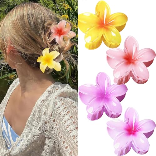 EONFAVE Hawaiian Flower Hair Claw Clips 4PCS, 3.15 Inch Nonslip Strong Hold Hair Accessories for Thick Hair