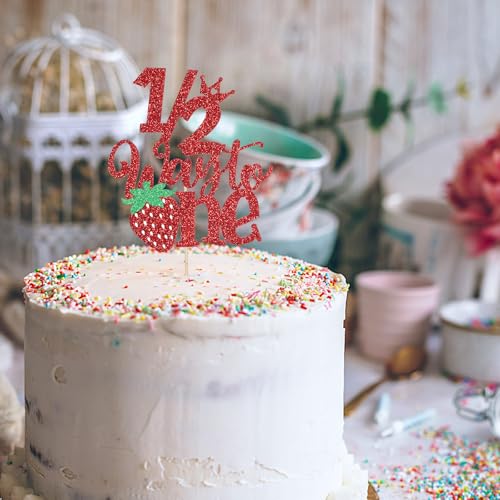 Strawberry Half Birthday Cake Topper - 6 Months Red Glitter Decor