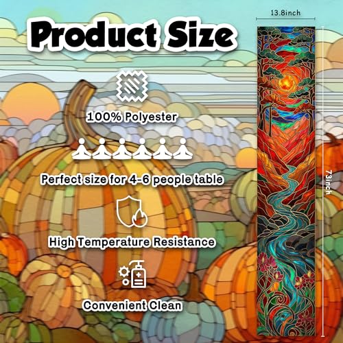 OHOME Fall Flower Stained Glass Table Runner - 73x13.8in Autumn Decor