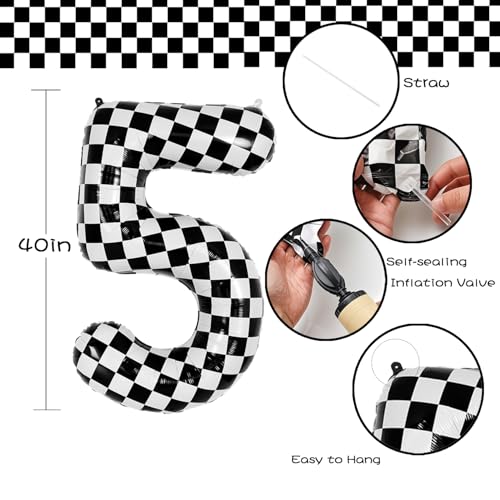 40-Inch Checkered Number 5 Balloon Race Car Party Decoration