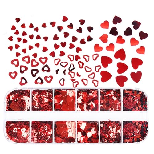 Red Heart Nail Art Sequins & Glitter Decals 12 Grids Valentine's Day