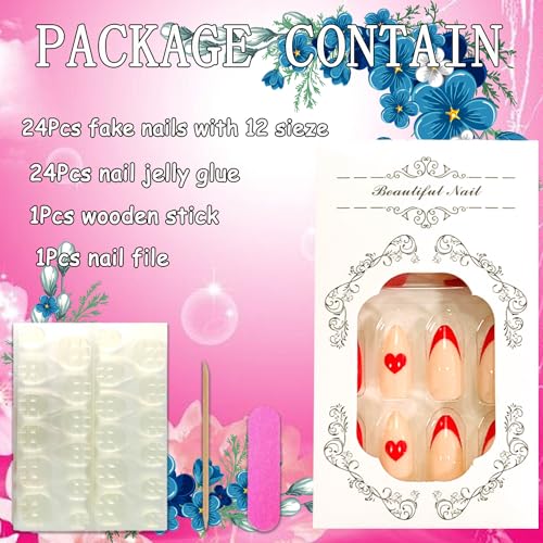 Onsdag Red French Tip Almond Press On Nails with Heart Designs 24 Pcs