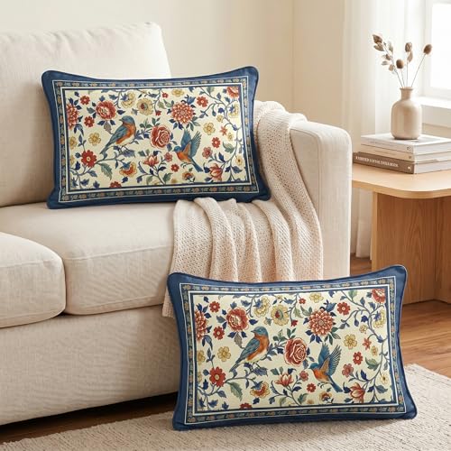 Blue Floral Chinoiserie Throw Pillow Covers Set of 2 20x12 Inches Velvet Spring Decor