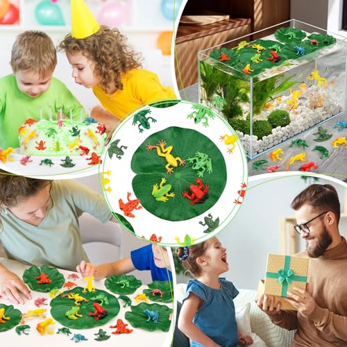 24 Mini Plastic Frog Toys & Lily Pads - Realistic Pool Decor