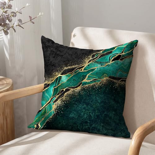 Lnond Velvet Decorative Throw Pillow Covers Set of 2 - 18x18 Inch Green Gold Marble